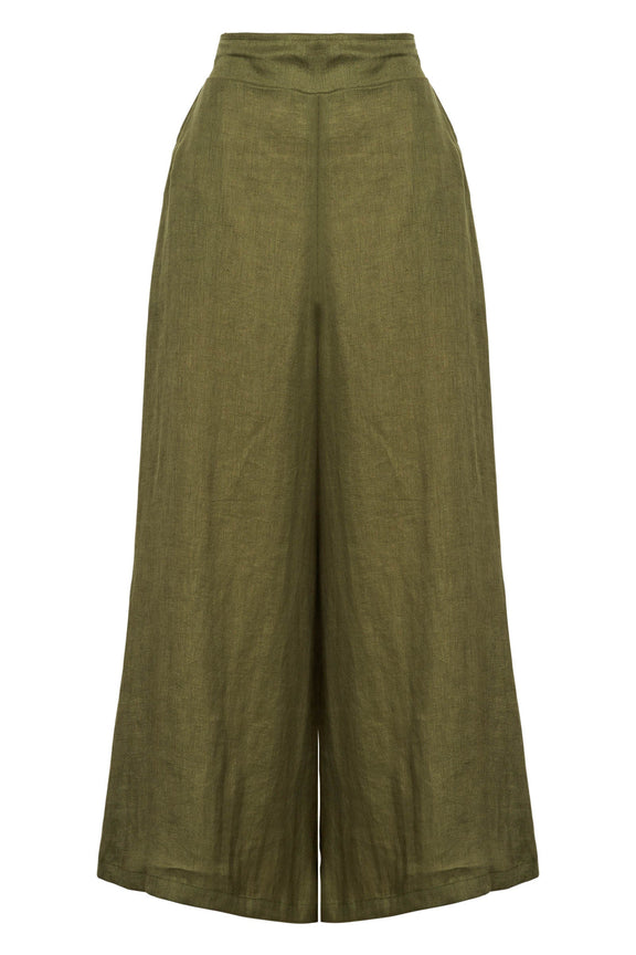 Khaki green linen crop pants