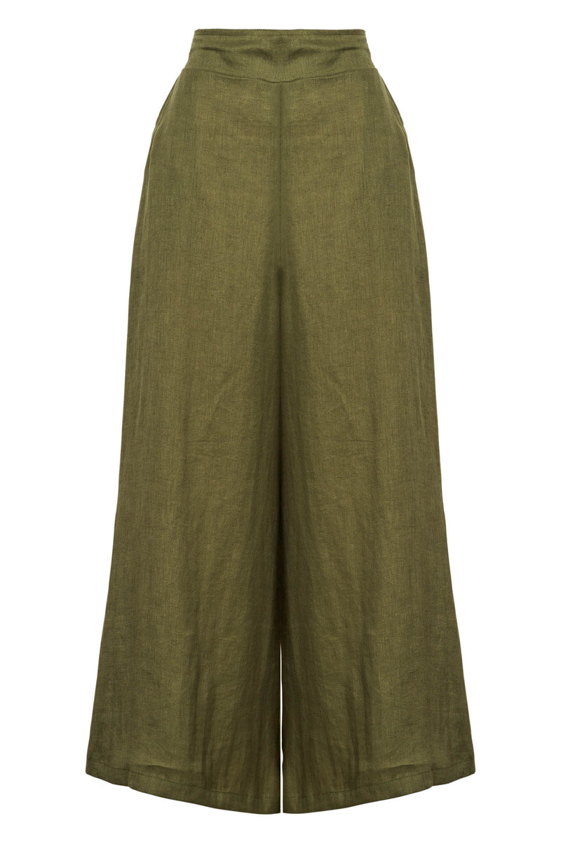 Khaki green linen crop pants