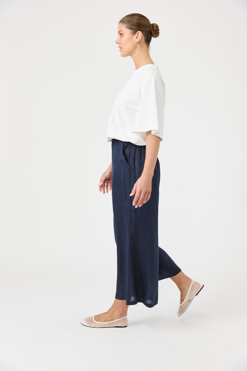 Navy linen Studio Crop Pant by Eb & Ive with a relaxed 7/8 cropped leg