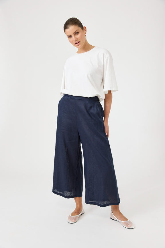 Eb & Ive navy 100% linen pants with elasticated back waist and side pockets