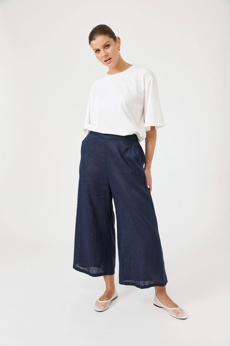 Eb & Ive navy 100% linen pants with elasticated back waist and side pockets