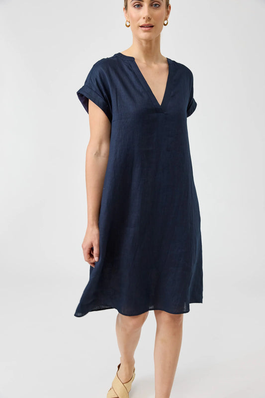 Eb & Ive Studio Dress Navy showing the relaxed loose-fit silhouette