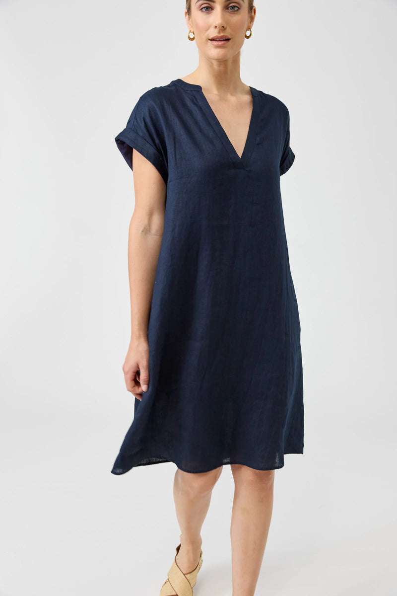 Eb & Ive Studio Dress Navy showing the relaxed loose-fit silhouette