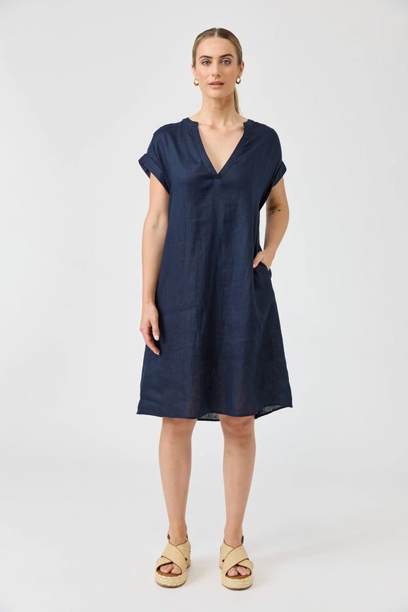 Women’s navy linen Studio Dress by Eb & Ive with V-neckline