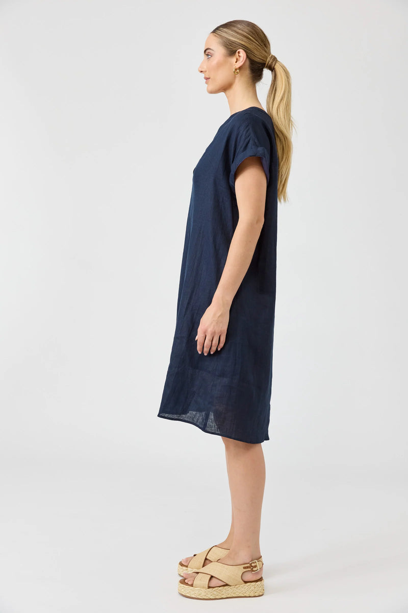 Eb & Ive navy linen dress with cuffed short sleeves and relaxed fit