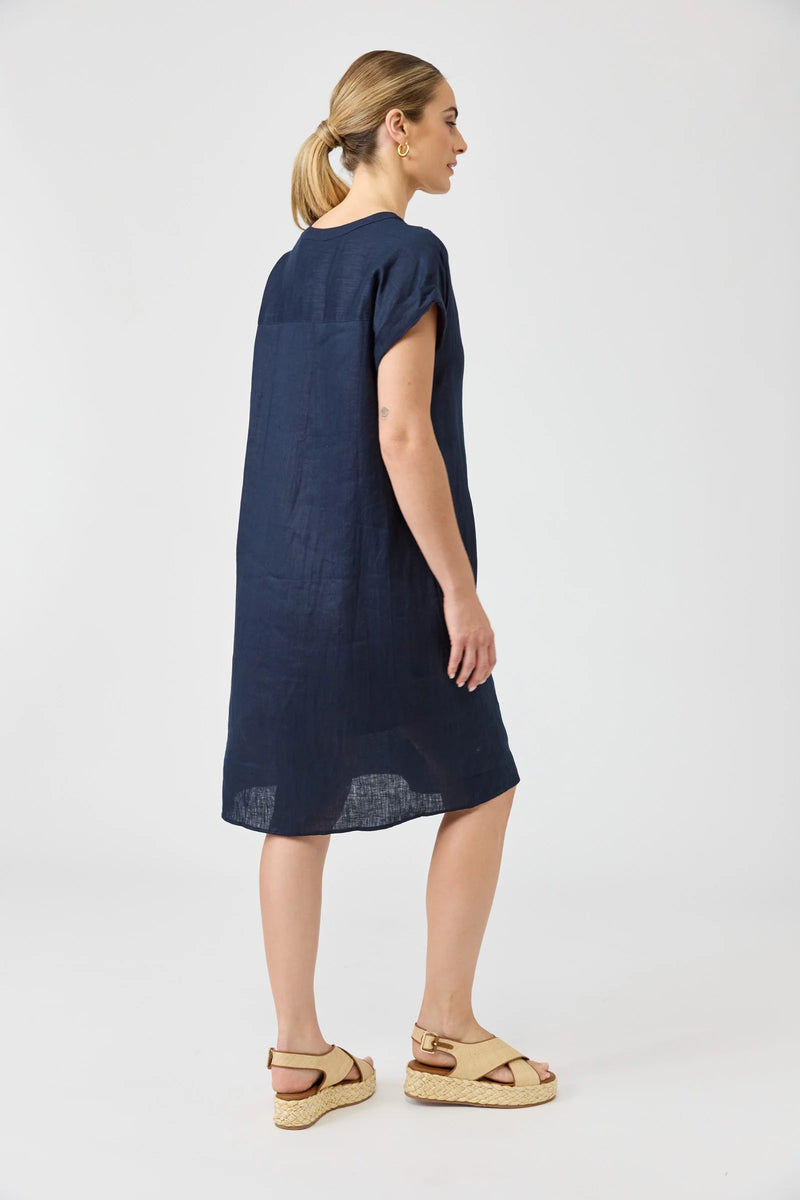 Studio Dress in Navy by Eb & Ive showing the loose linen silhouette