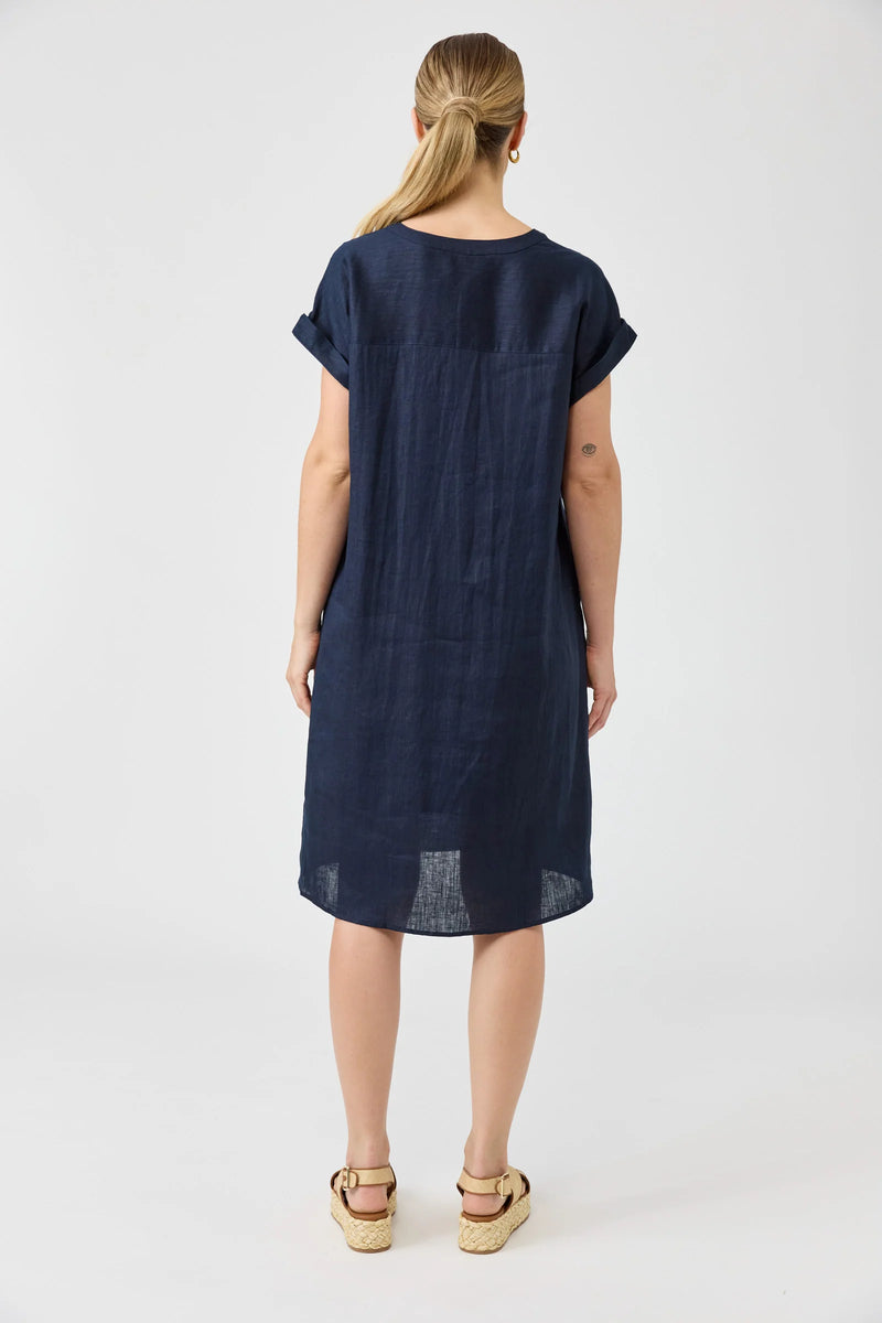 Eb & Ive women’s navy linen dress with V-neckline and side pockets