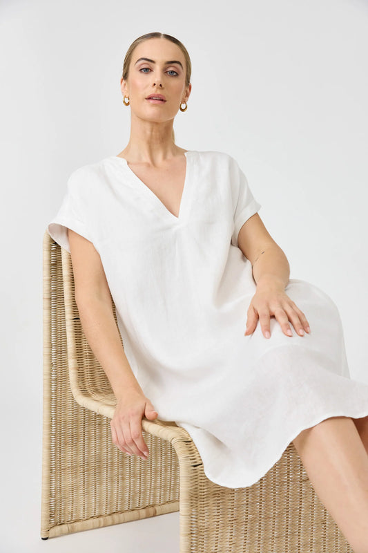 Eb & Ive Studio Dress Salt showing the relaxed loose-fit silhouette