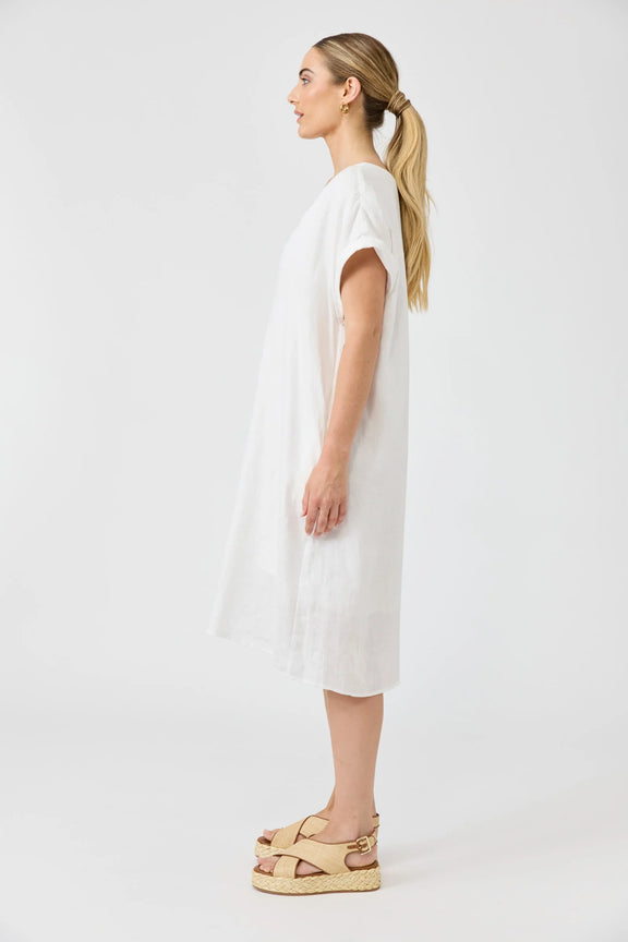 Eb & Ive Salt linen dress with cuffed short sleeves and relaxed fit