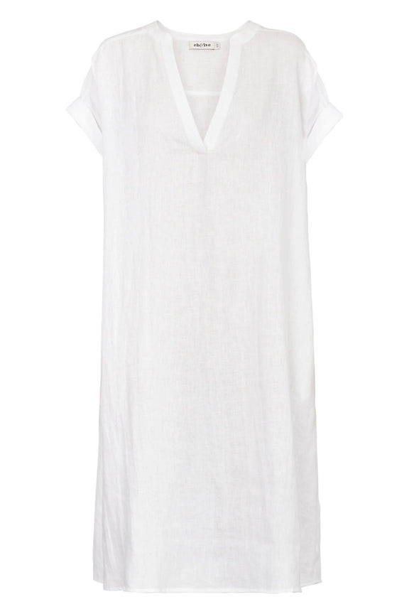 Eb & Ive women’s white linen dress with V-neck and side pockets