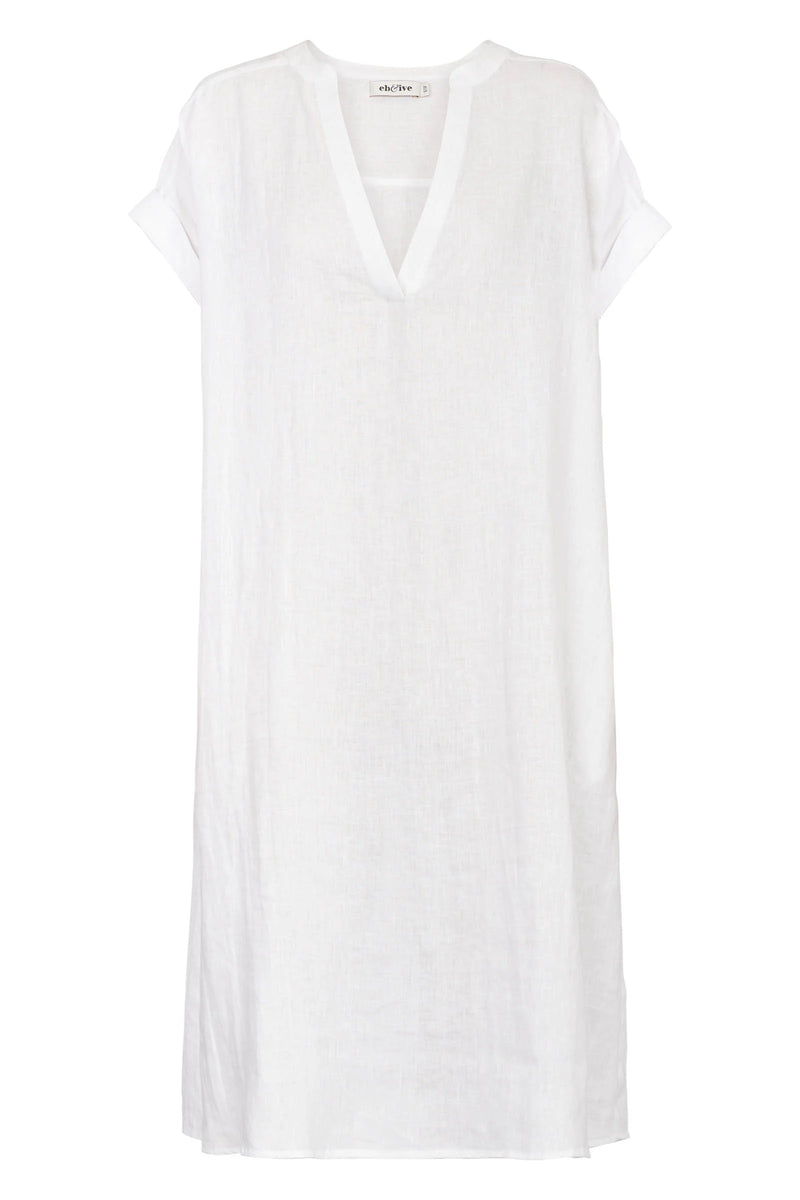 Eb & Ive women’s white linen dress with V-neck and side pockets