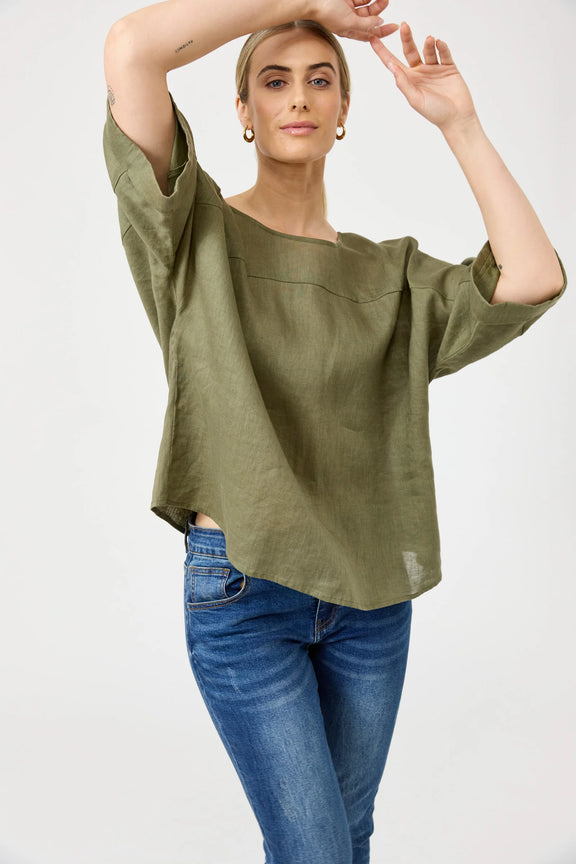 Women’s khaki linen top by Eb & Ive with wide 3/4 cuffed sleeves