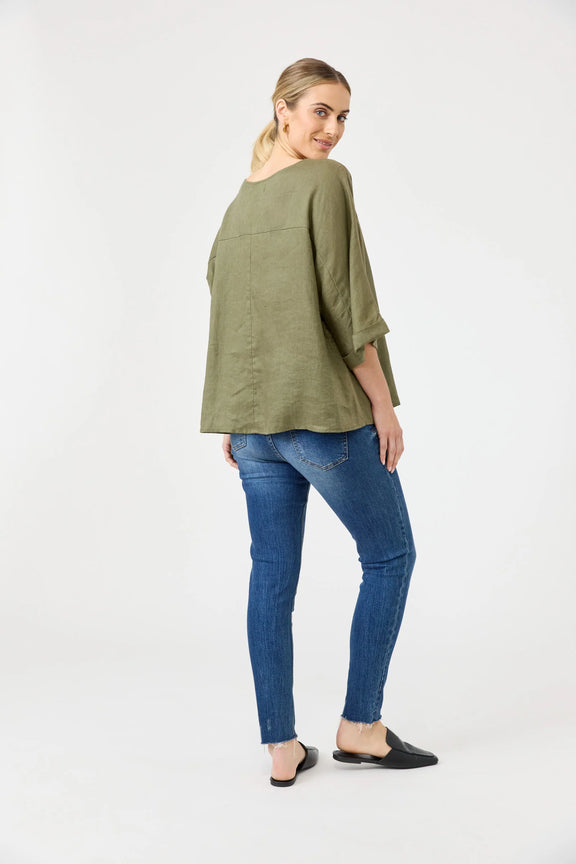 Studio Relaxed Top in Khaki showing the front and back panelling detail