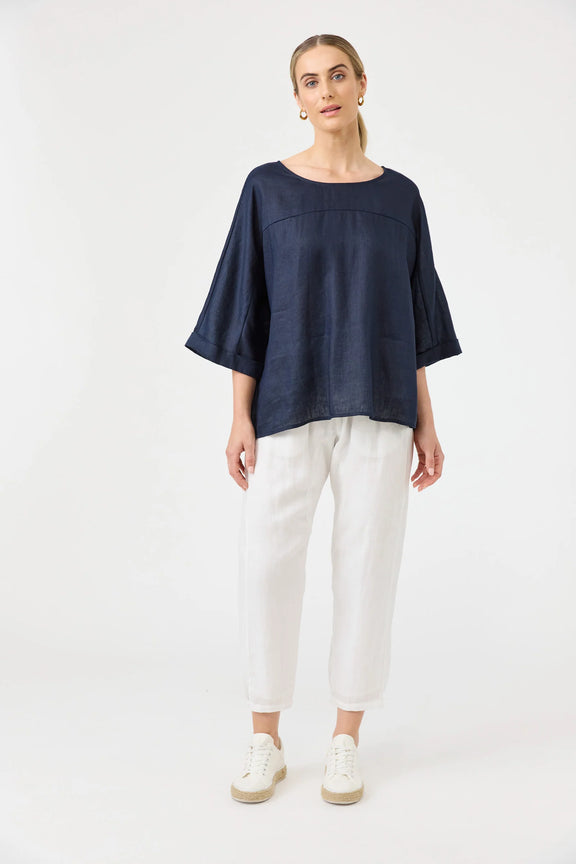 Women’s navy linen top by Eb & Ive with wide 3/4 cuffed sleeves