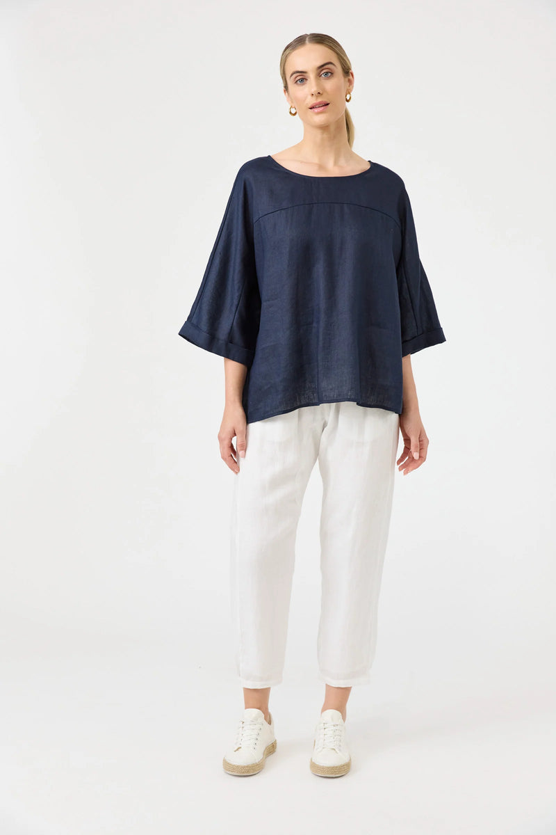Women’s navy linen top by Eb & Ive with wide 3/4 cuffed sleeves