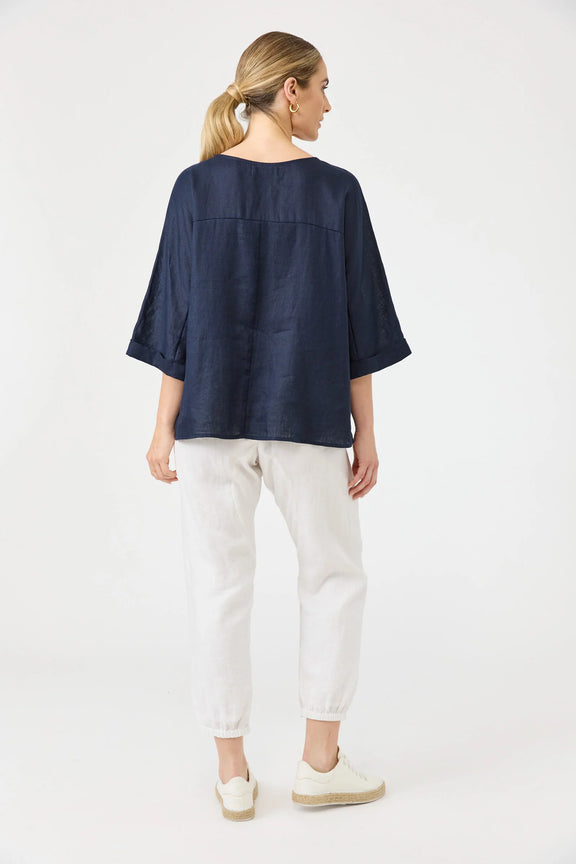 Studio Relaxed Top in Navy showing the front and back panelling detail