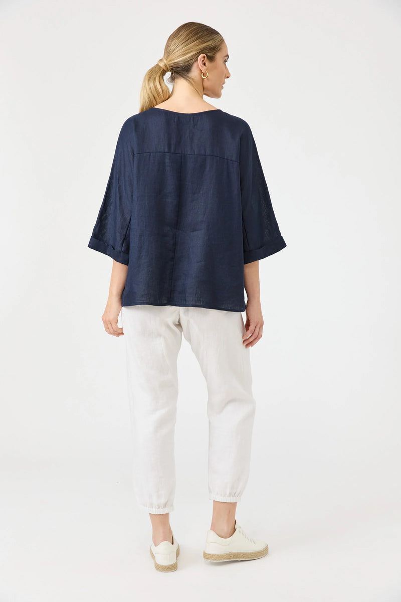Studio Relaxed Top in Navy showing the front and back panelling detail
