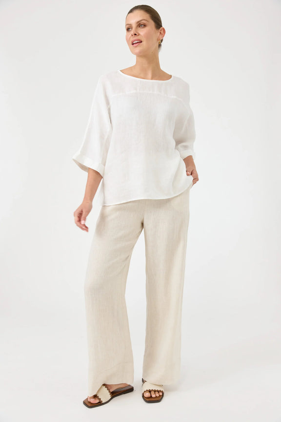 Women’s white linen Studio Relaxed Top by Eb & Ive with wide 3/4 cuffed sleeves