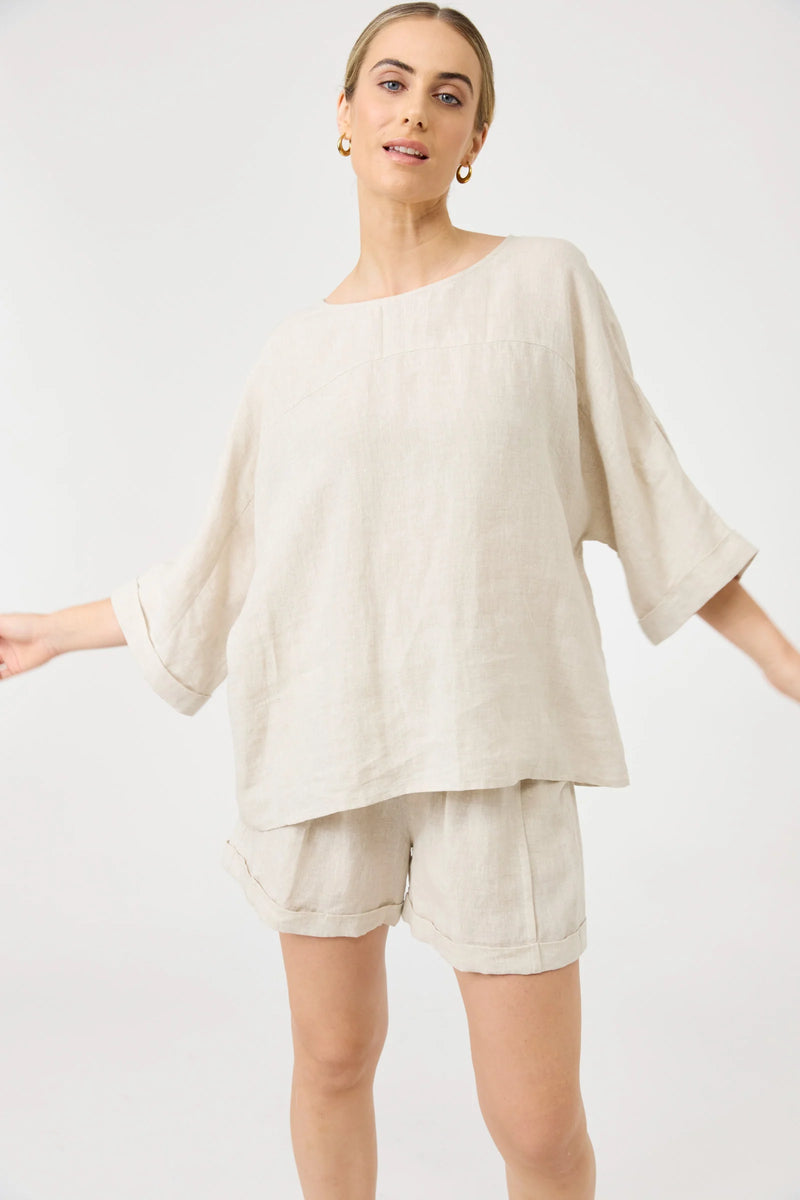 Studio Relaxed Top in Tusk showing the front and back panelling detail