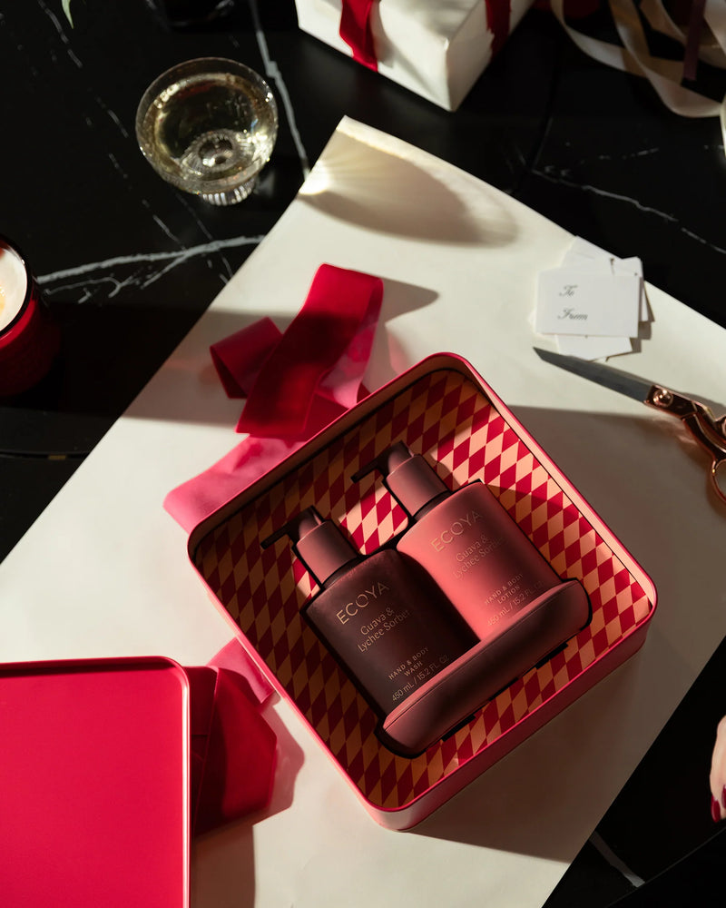 Guava & Lychee Sorbet bathroom gift set with tropical fragrance