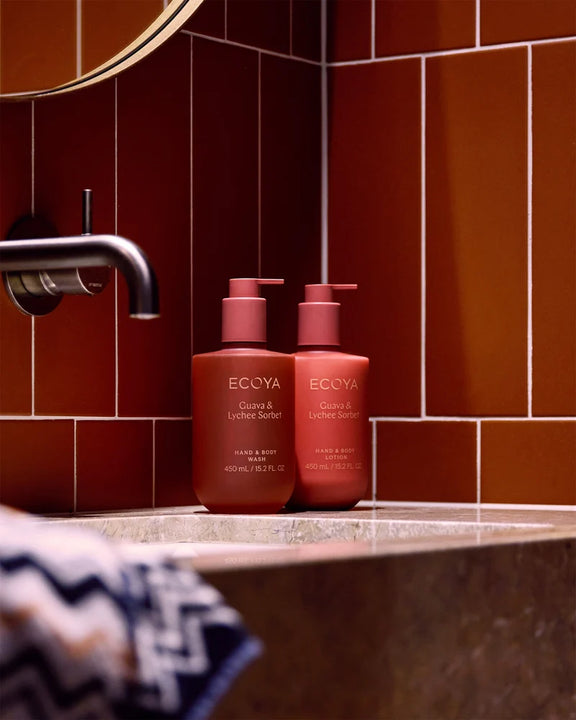 Guava & Lychee Sorbet body wash with colour-coordinated vessel