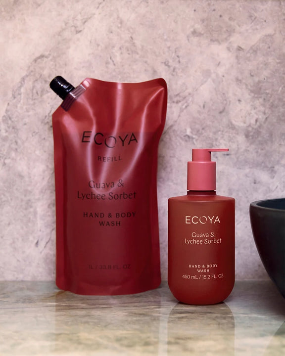ECOYA hand and body wash with guava lychee and vanilla notes