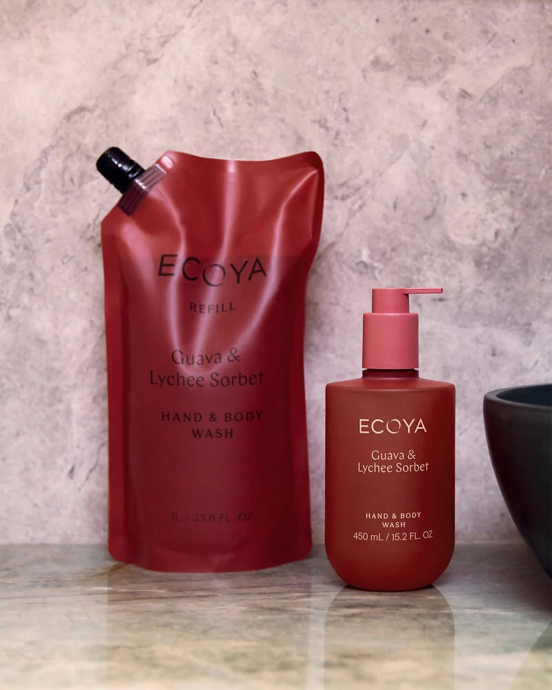 ECOYA hand and body wash with guava lychee and vanilla notes