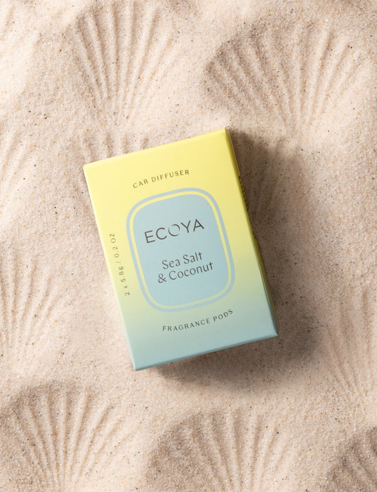 Replacement fragrance pods for the Ecoya Car Diffuser in the Sea Salt and Coconut scent.