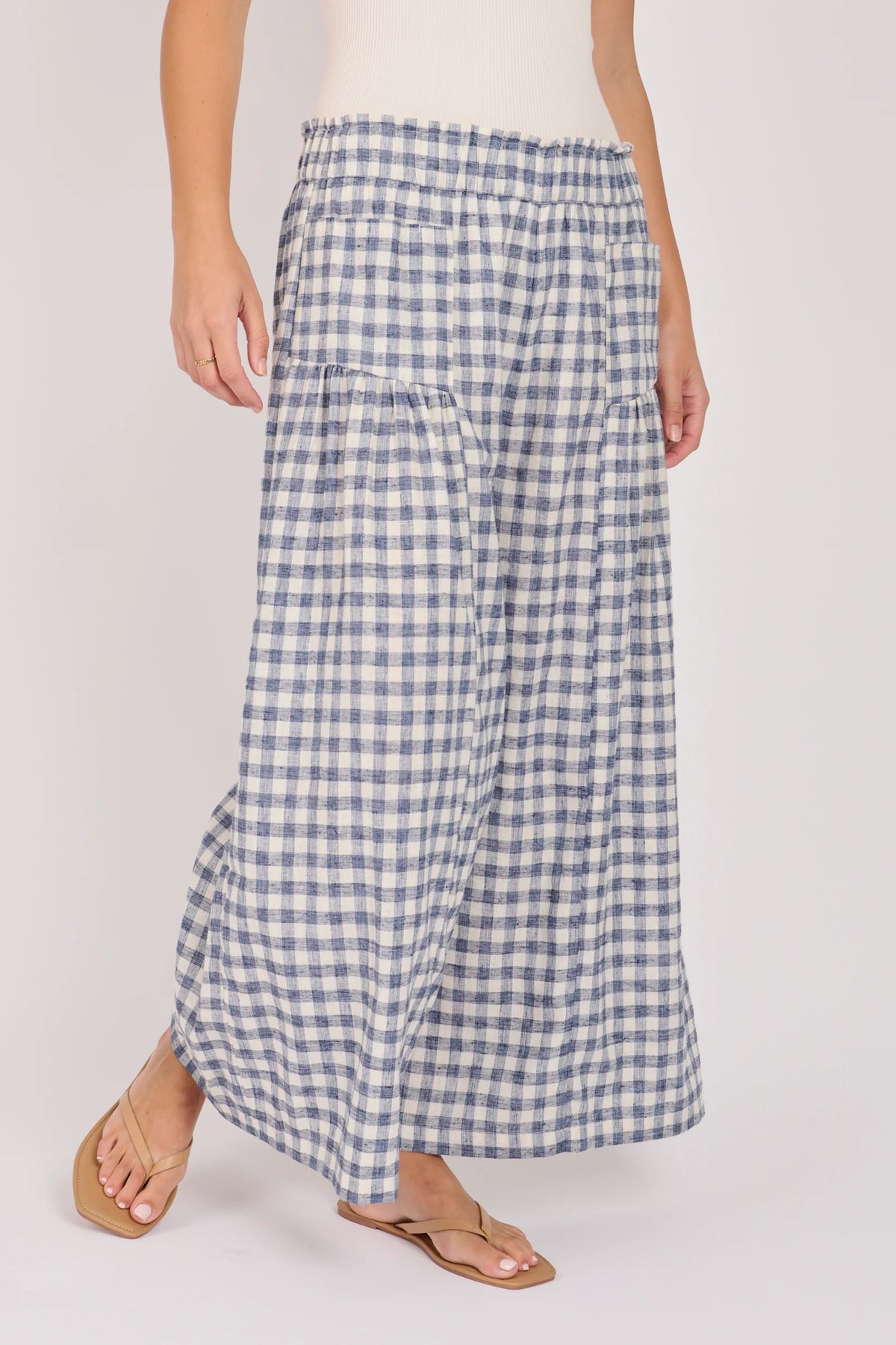 Ellis & Dewey Gather Detail Pant in navy check