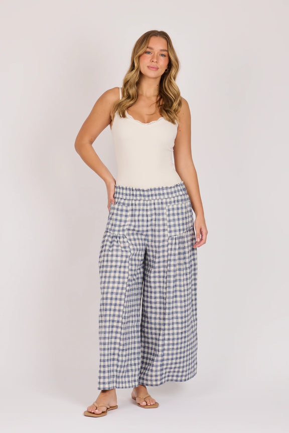 Navy check cotton linen pants with elastic waist