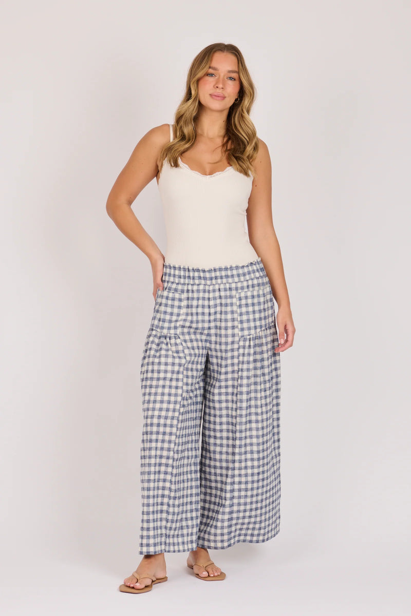 Navy check cotton linen pants with elastic waist