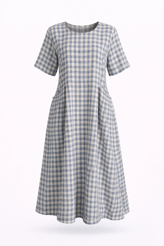 Navy gingham midi dress with relaxed fit