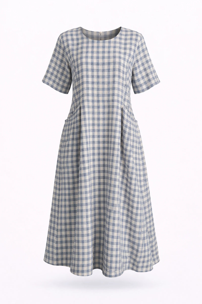 Navy gingham midi dress with relaxed fit