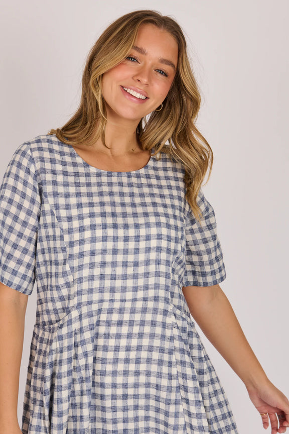 Women’s navy check cotton linen blend dress