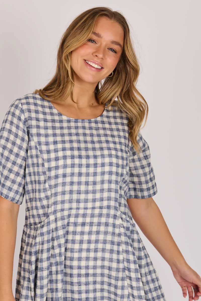 Women’s navy check cotton linen blend dress
