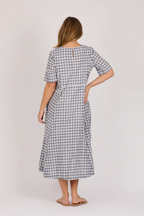 Navy check midi dress with gathered side panels