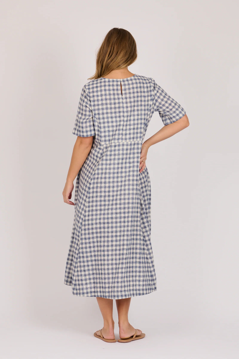 Navy check midi dress with gathered side panels