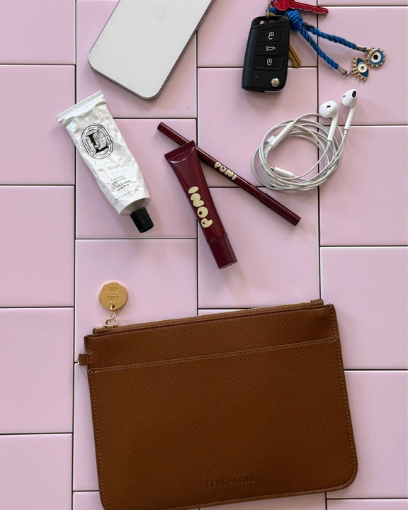 Tan saffiano slim zip pouch by Elms+King