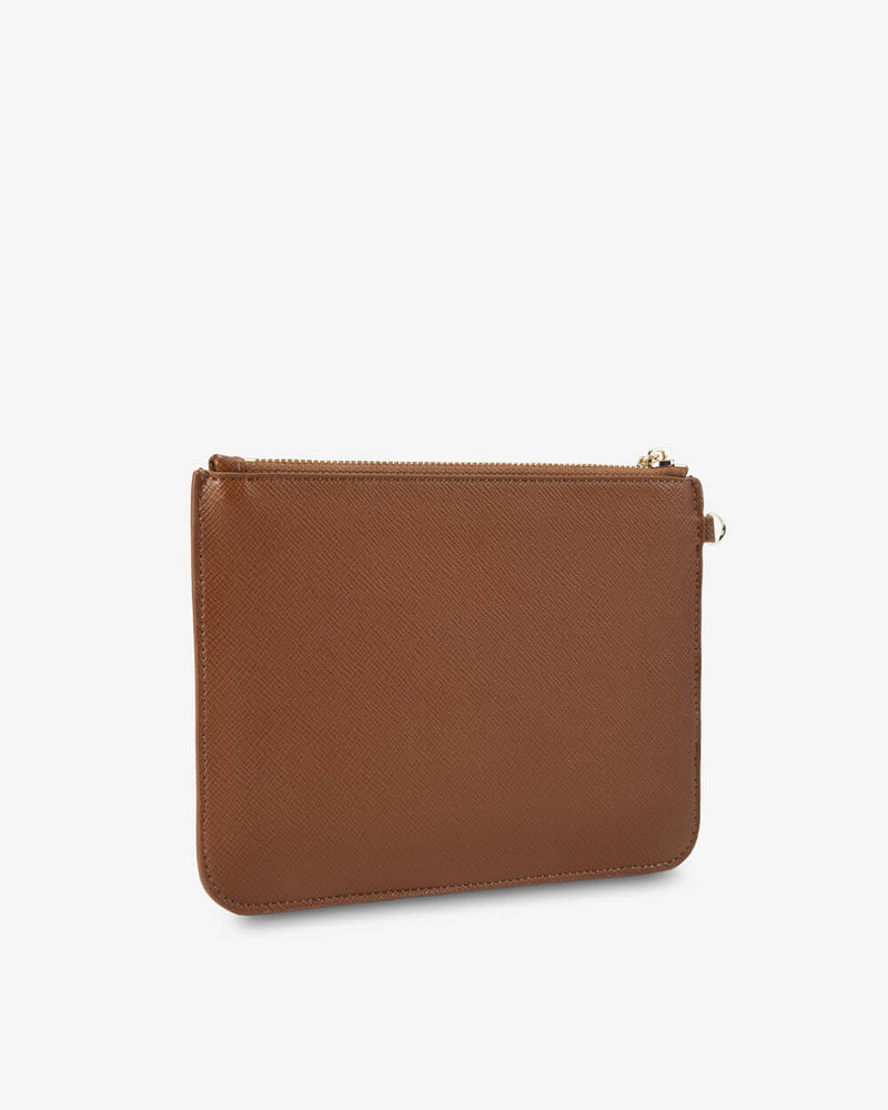 Tan Saffiano Flat Pouch with side D-ring detail