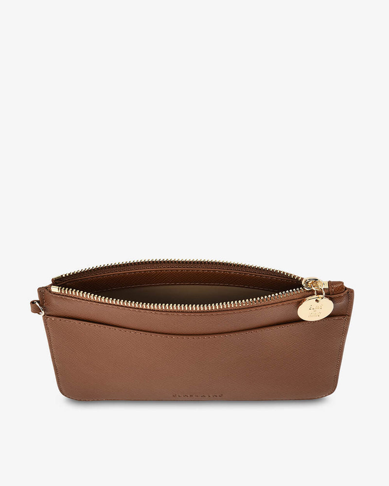 Tan PU travel pouch with branded zip pull