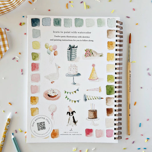 Celebrate Watercolour Workbook with twelve birthday and party illustrations