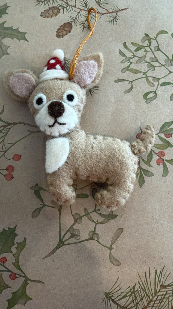 Wool felt Chihuahua Christmas tree ornament in fawn