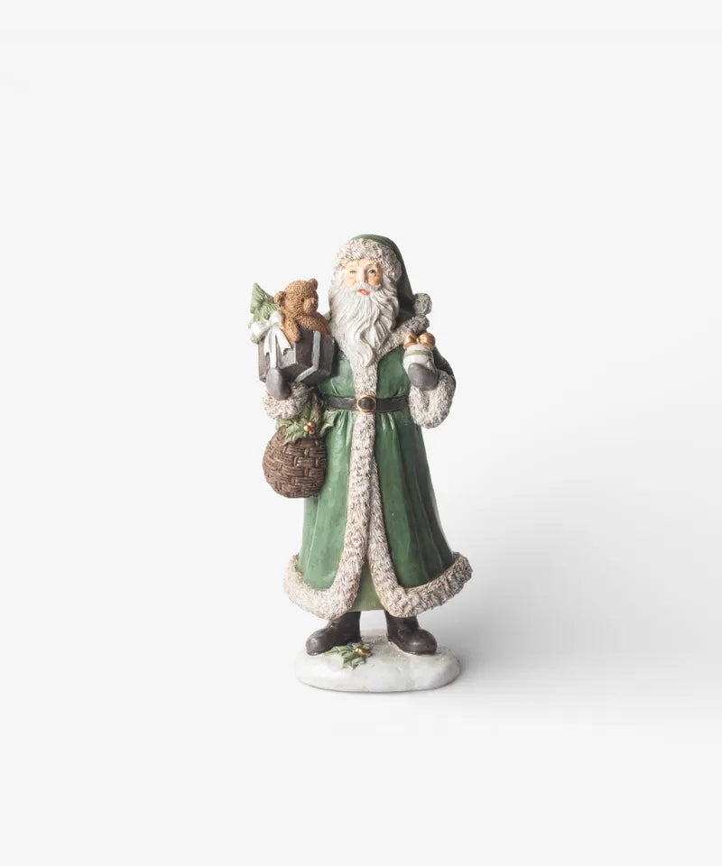 Festive Santa with Bear Christmas decoration in green coat 