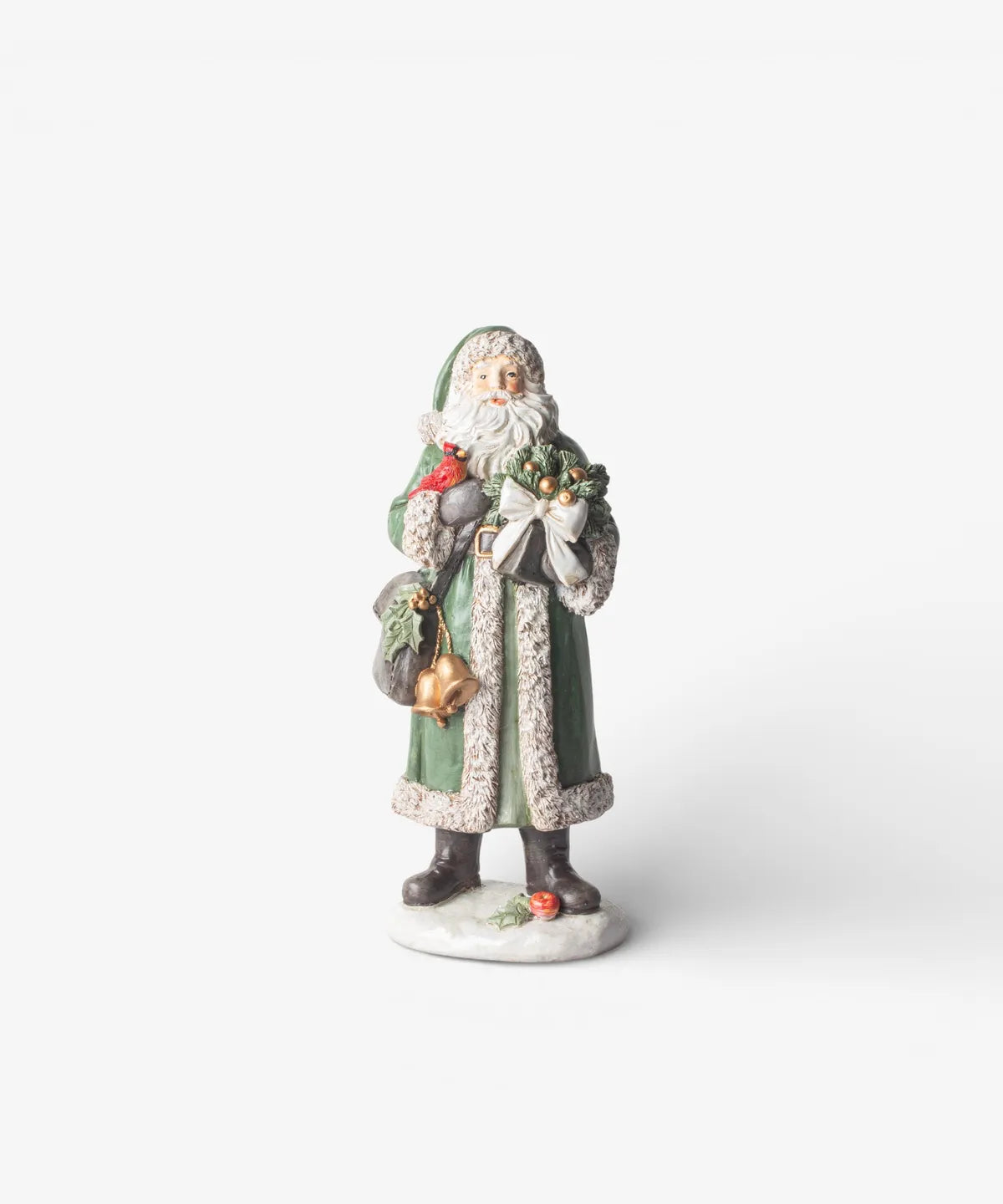 Festive Santa with Bells Christmas decoration in detailed green coat 