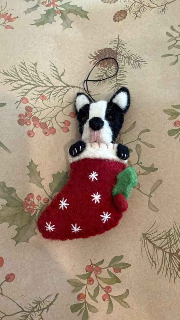 French Bulldog in stocking handmade felt Christmas decoration