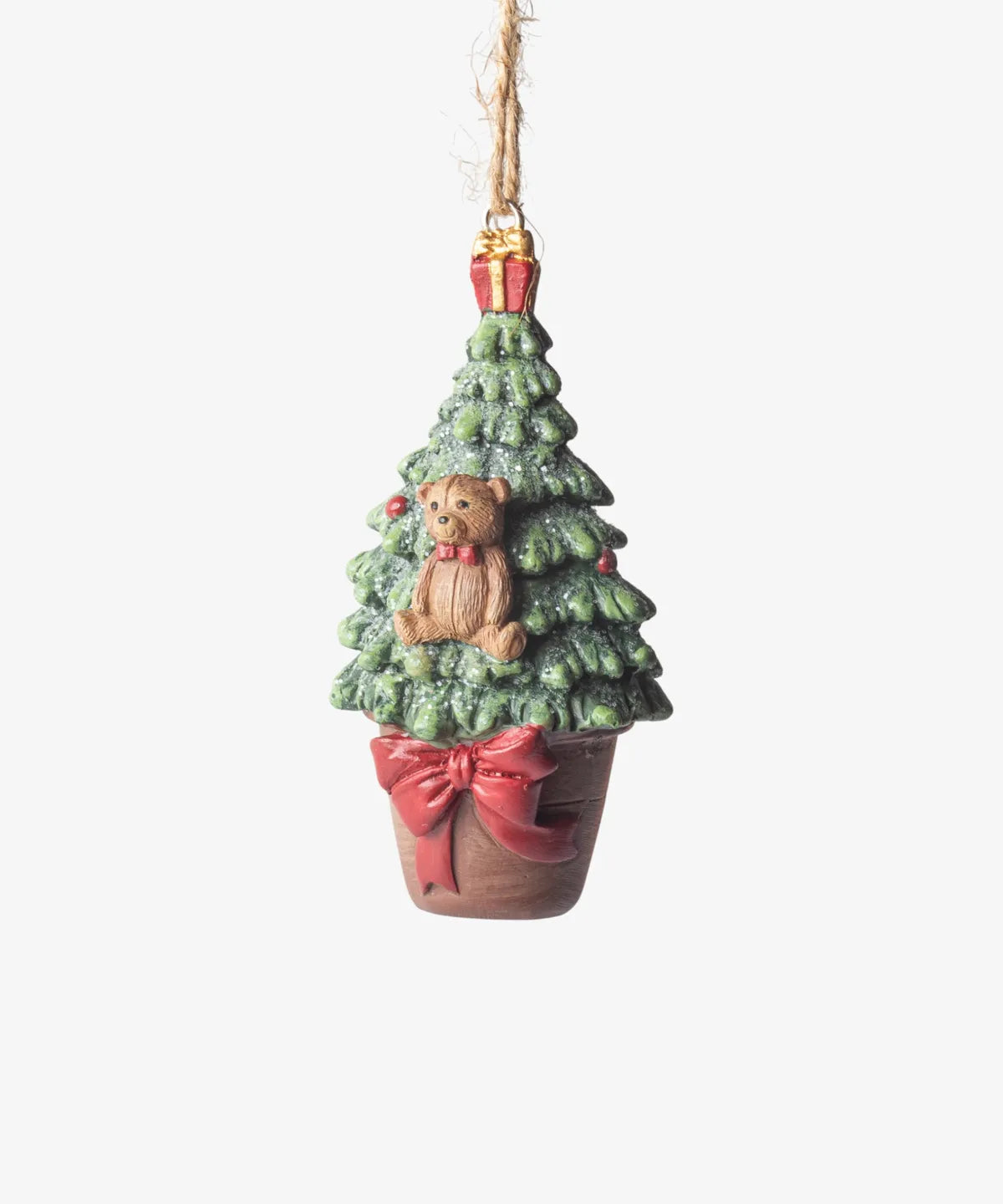French Country Hanging Potted Tree with Bear Christmas ornament