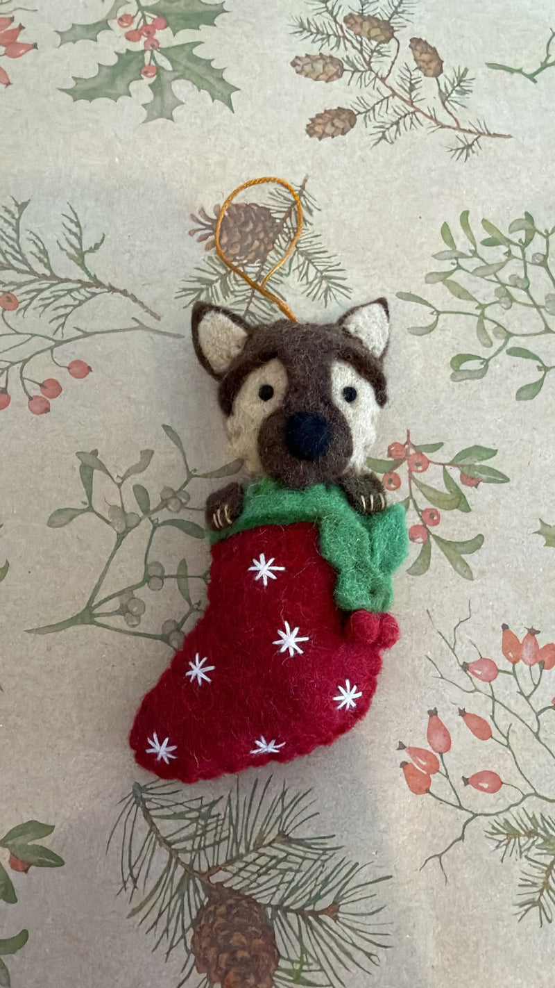 German Shepherd in stocking handmade felt Christmas decoration