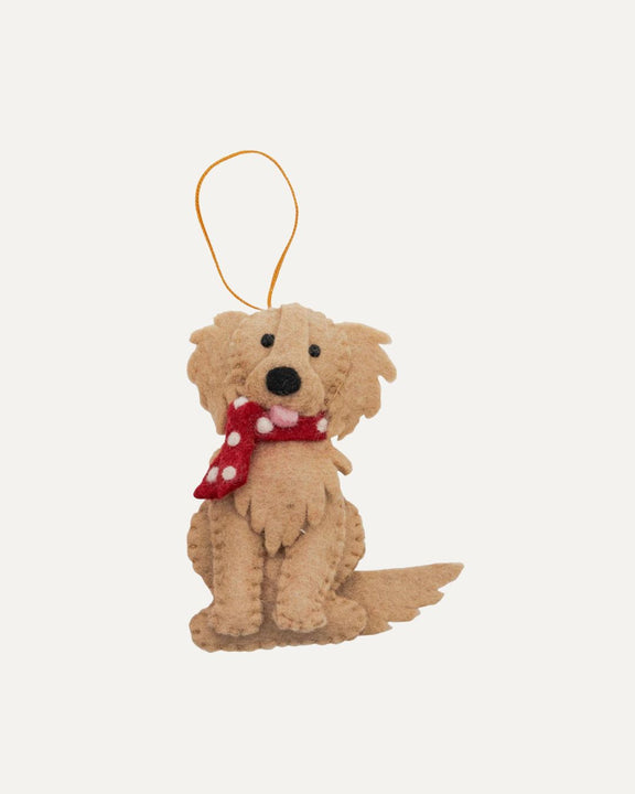 Fair-trade Golden Retriever ornament wearing festive scarf