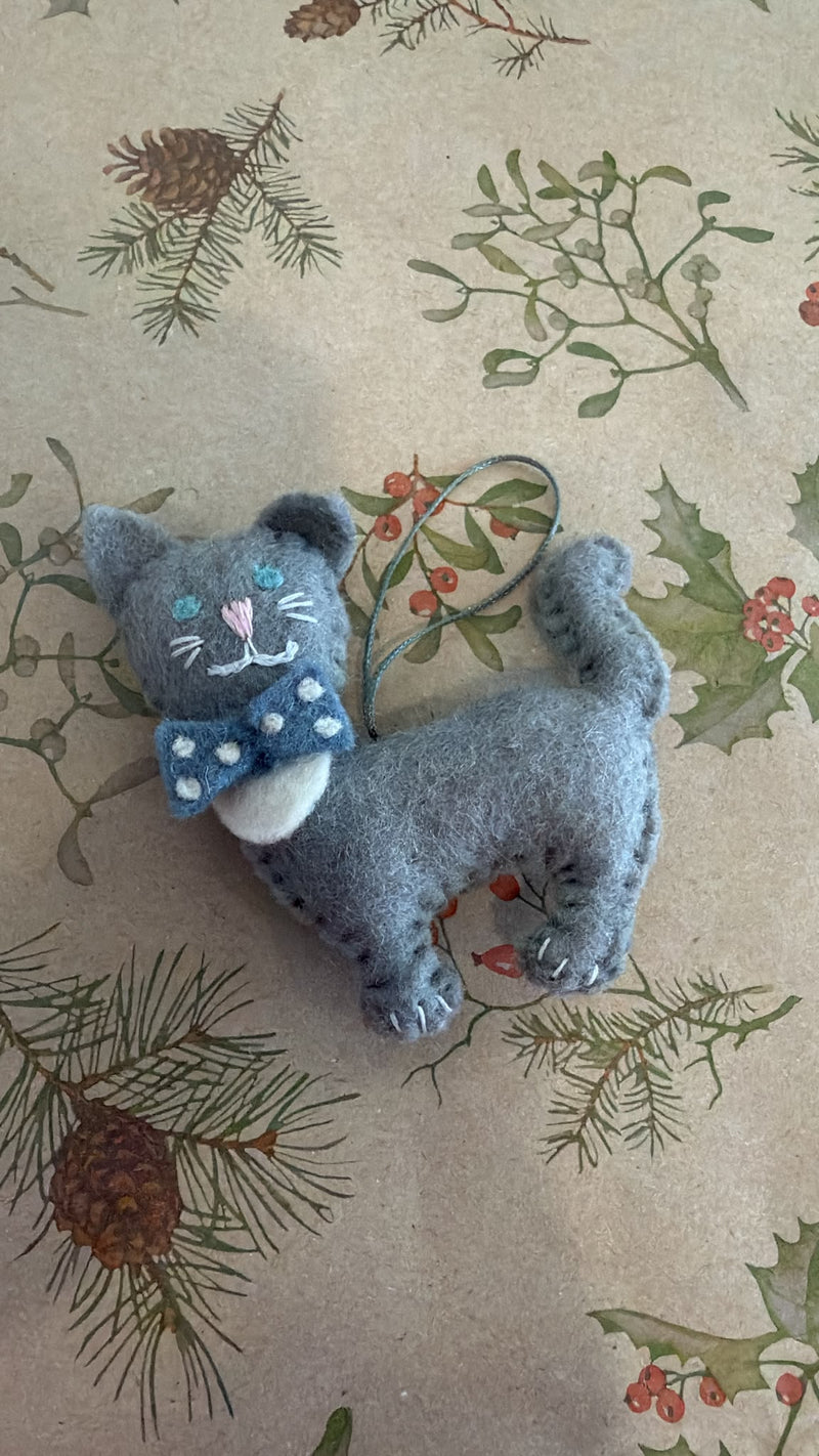 Grey cat with bow handmade felt Christmas decoration