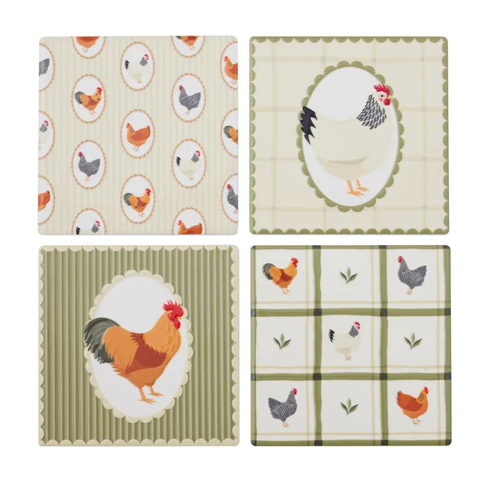 Henny Olive Ceramic Coasters set of four with chicken designs